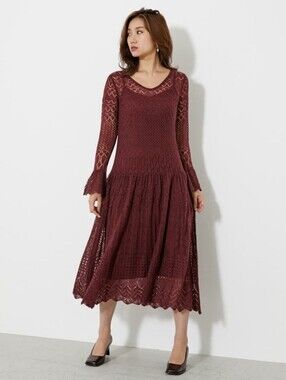 Rienda Japan Maroon Crochet Knit Long Sleeve Dress